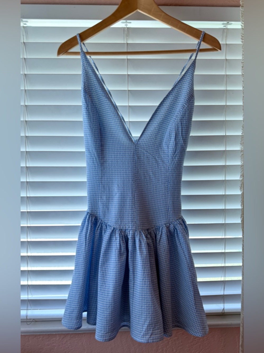 Light Blue Gingham Spaghetti-Strap Mini Dress